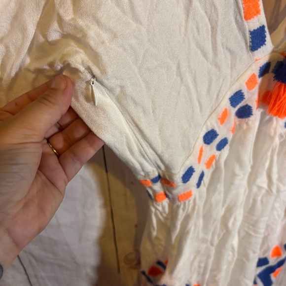 Pia Pauro White Blue and Orange Short Sleeve Romper Tassel Geometric Pattern S - Picture 2 of 8